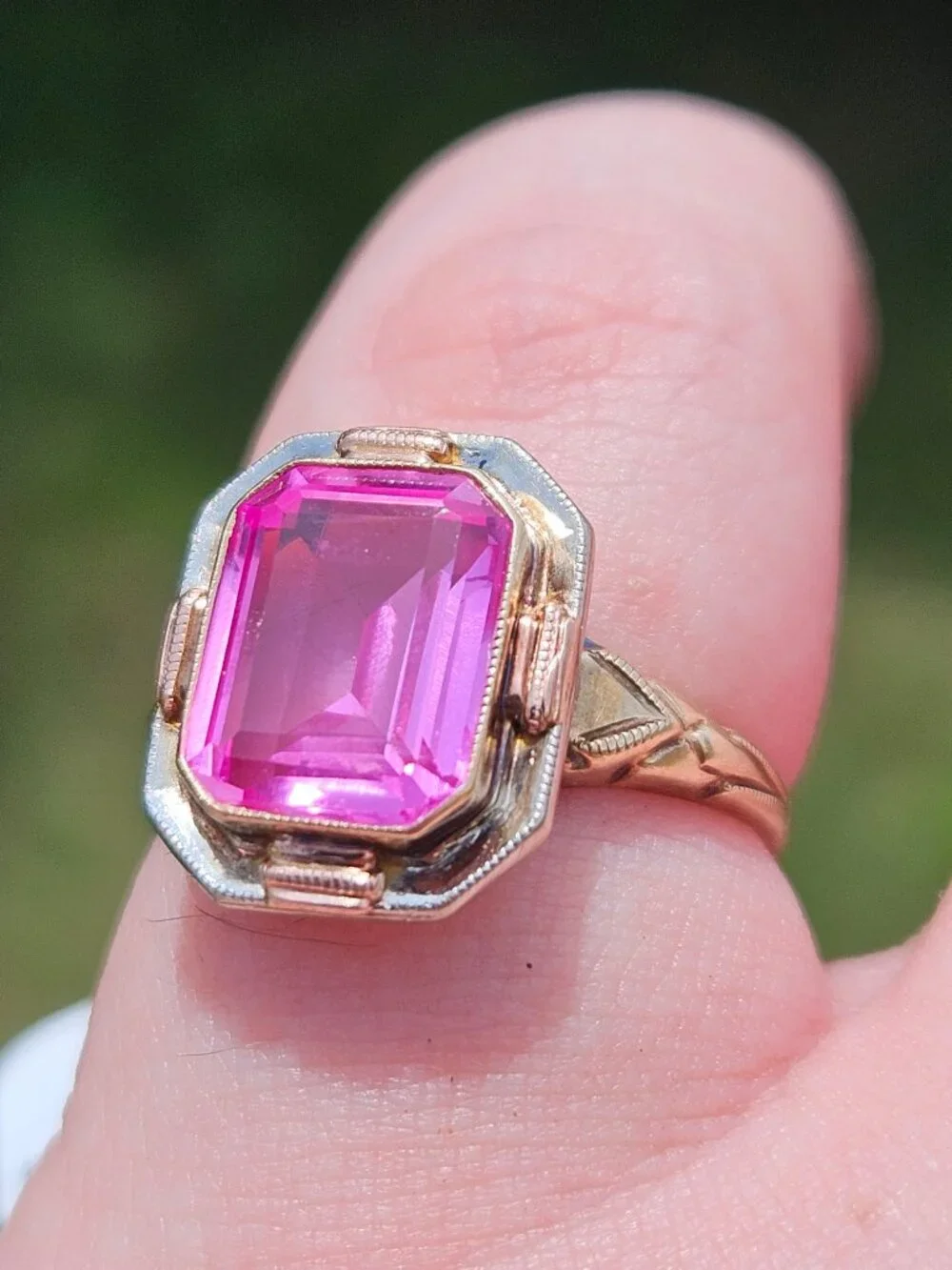 Vintage 10K Yellow Gold Pink Ice Topaz Emerald Cut Cocktail Ring Size 5.75